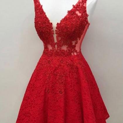 Red V-neck Lace Homecoming Dresses, Short Lace..