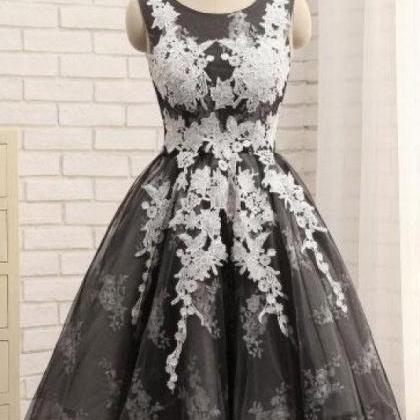 Black Round Neck Tulle Homecoming With Appliques,..