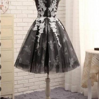 Black Round Neck Tulle Homecoming With Appliques,..