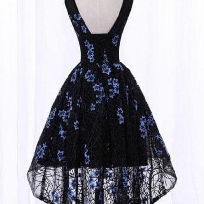 High Low Sleeveless Lace Homecoming Dress, A Line..