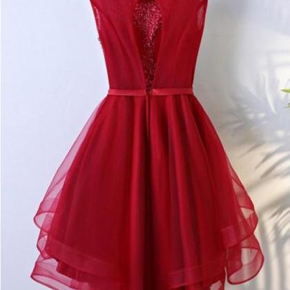 High Low Red Tulle Homecoming Dress With Belt, A..