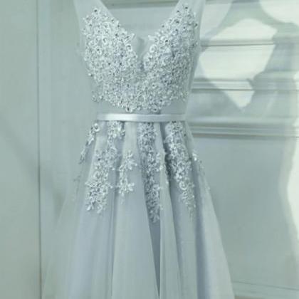 Silver Gray V Neck Tulle Homecoming Dress With..