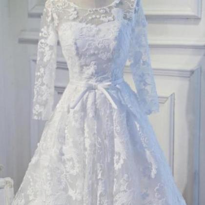 White Long Sleeves Lace Homecoming Dress, Knee..