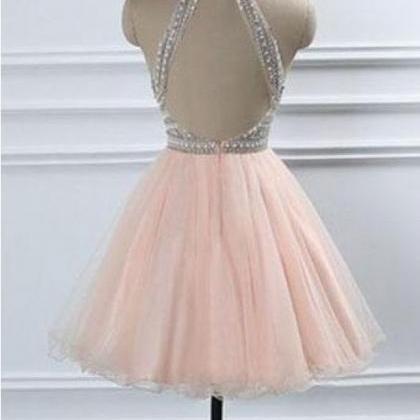 A Line High Neck Beading Homecoming Dress, Tulle..
