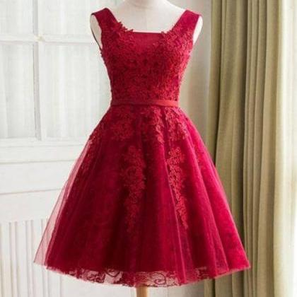 Burgundy A Line Sleeveless Lace Homecoming..