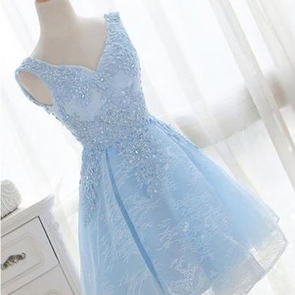 Light Blue V Neck Lace Homecoming Dresses, Short..