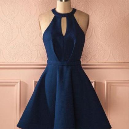 Cute A Line Halter Navy Blue Short Dress, Navy..