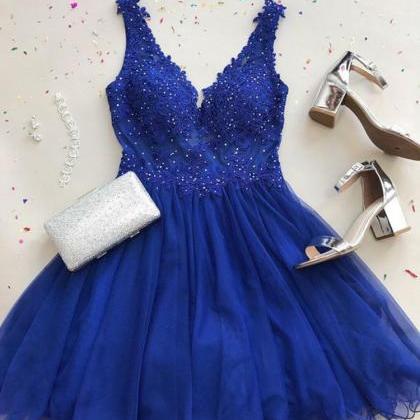 A Line V Neck Royal Blue Tulle Prom Dress, Sparkle..