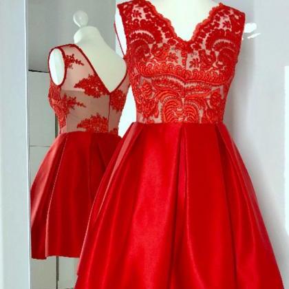A Line Red Sleeveless Satin Prom Dress With Lace,..