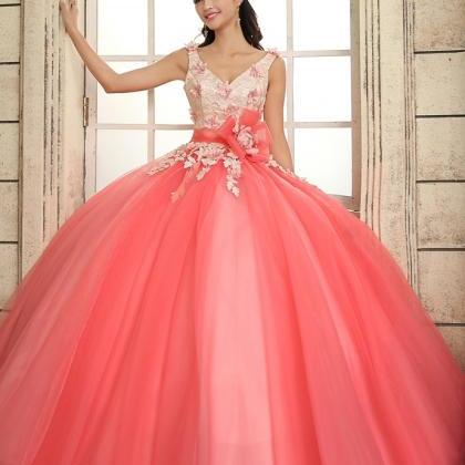 Luxurious Straps Ball Gown V-neck Flowers Lace Up..