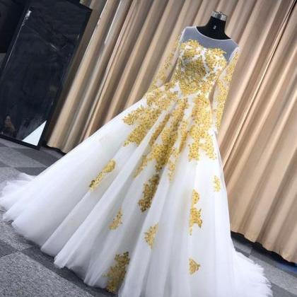 White Ball Gown Wedding Dress With Gold Appliques,..