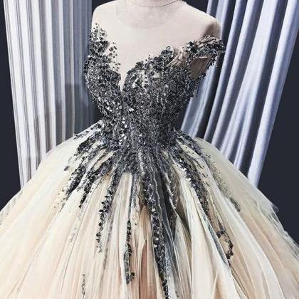 Light Champagne Sheer Neck Tulle Prom Dress With..