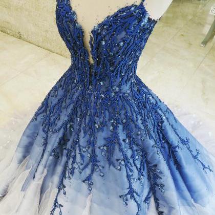 Royal Blue Ombre Prom Dress, Puffy Tulle Party..