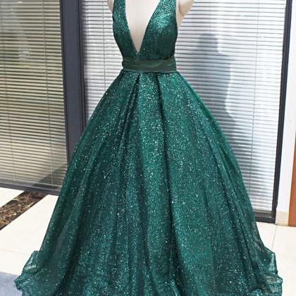 Style Sparkly Dark Green Sequined Long V Neck..