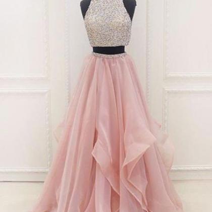 Blush Pink Two Piece Beaded Prom Dress, Bridesmaid..