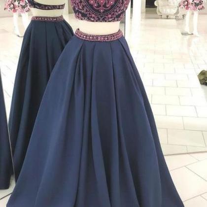 Two Piece A Line Floor Length Navy Blue Prom Dress..