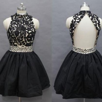 Backless Appliques Satin Short Prom..