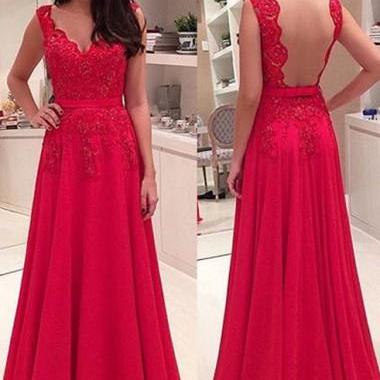 Elegant V-neck Lace Backless Red Custom Made Prom..