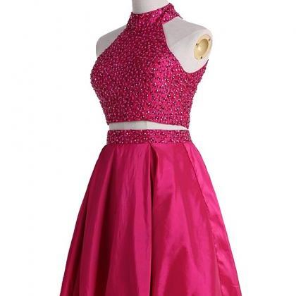 Pink Two Piece Halterneck Short Homecoming Dress..