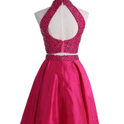 Pink Two Piece Halterneck Short Homecoming Dress..