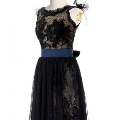 Scoop Above-knee Black Lace Organza Homecoming..