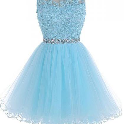 Scoop Short Blue Zipper-up Tulle Homecoming..