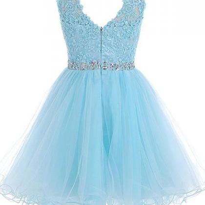 Scoop Short Blue Zipper-up Tulle Homecoming..