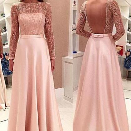 Pink A Line Prom Dress, Long Sleeves Prom Dresses,..