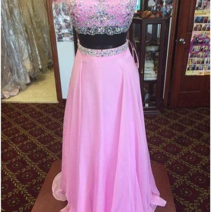 Pink Beading Chiffon Prom Dresses, A-line Evening..