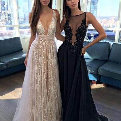 A Line Prom Gown,deep-v Prom Dresses,sexy Evening..