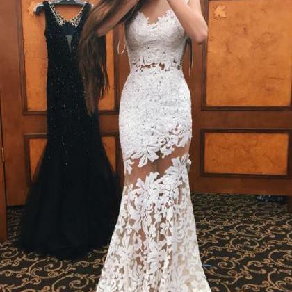 Mermaid Lace See-through White Long Evening/prom..