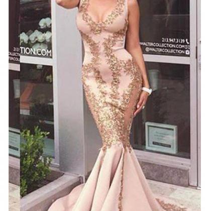 Lace Applique Mermaid Gold Prom Dresses,v Neck..