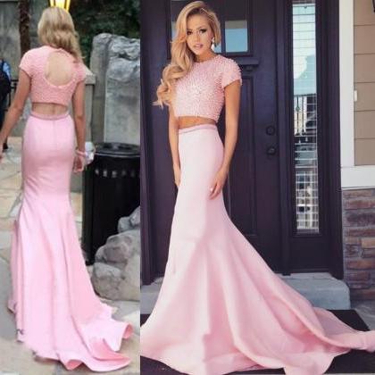 Two Piece Prom Dress,mermaid Pink Beading Prom..