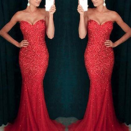 Sexy Mermaid Prom Dress,sweetheart Red Tulle..