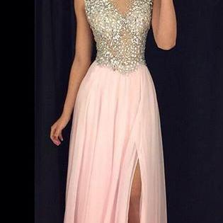 Sparkly A-line Pink Prom Dresses With Side..