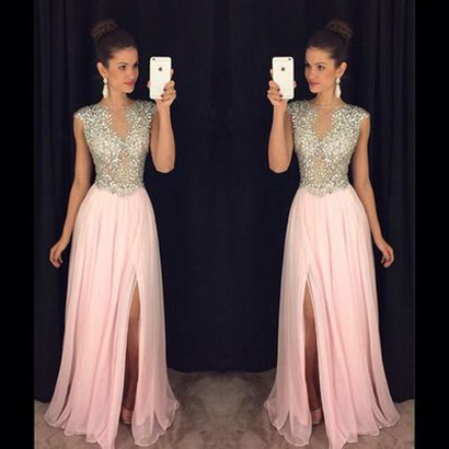 Sparkly A-line Pink Prom Dresses With Side..
