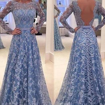 A Line Jewel Blue Prom Dress With Bowknot,backless..