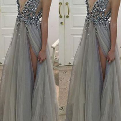 Gray Deep V-neck Prom Dress,side Slit Prom..
