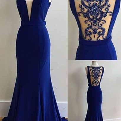 Elegant Royal Blue Prom Dress,chiffon Sleeveless..