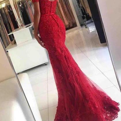 Elegant Off The Shoulder Prom Dress,lace Red Prom..