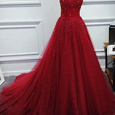 Luxurious A-line Beading Prom Dress,round Neck Red..