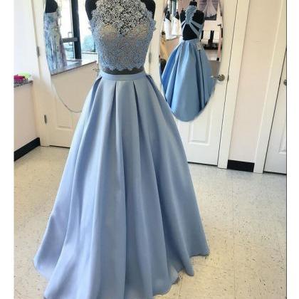 High Neck Prom Gown,fashion Lace Top A-line Blue..