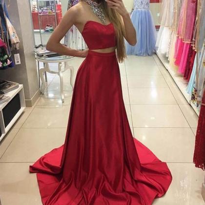 Fabulous Two Piece Prom Dress,red Prom Dress,satin..