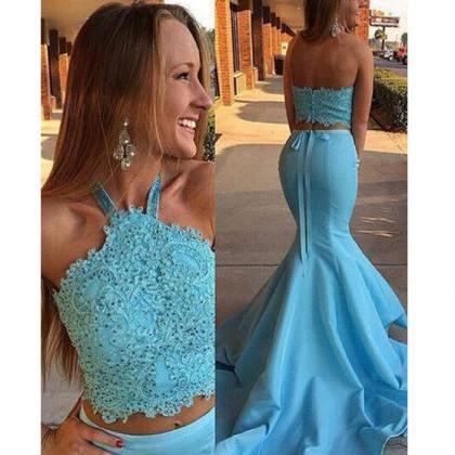 2017 Halter Prom Dress,long Sexy Blue Two Piece..