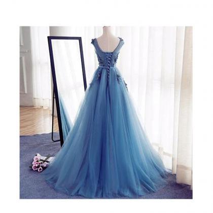 A-line Prom Dresses With Appliques,long Tulle Prom..