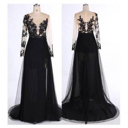 Long Sleeves Prom Dress,see-through Black V-neck..