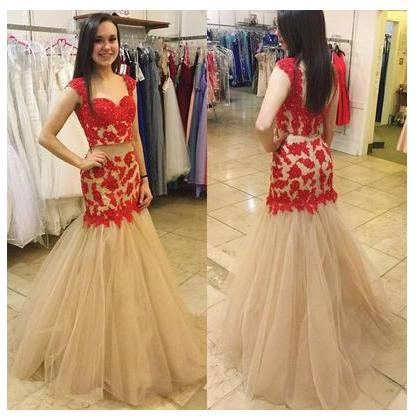 Red Lace Prom Gown,two Piece Prom Dress,appliqued..