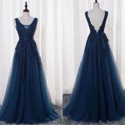 V-neck Prom Dress,a-line Tulle Prom Gowns,lace..