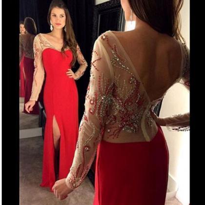 Red Prom Dress,Long Sleeve Prom Gow..
