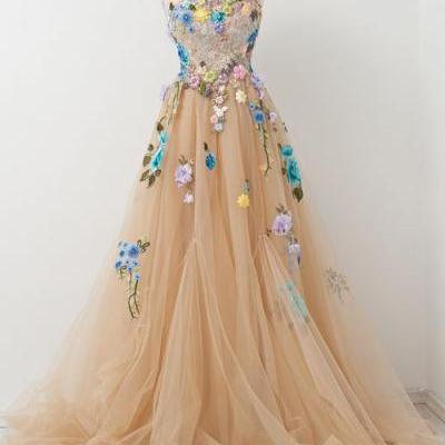 Champagne A-line Sleeveless Tulle Prom Gown With Embroidery,Sleeveless Prom Gown with Hand-made Flowers,Prom Dress,Evening Gown For Teens,Long Formal Dress,P083